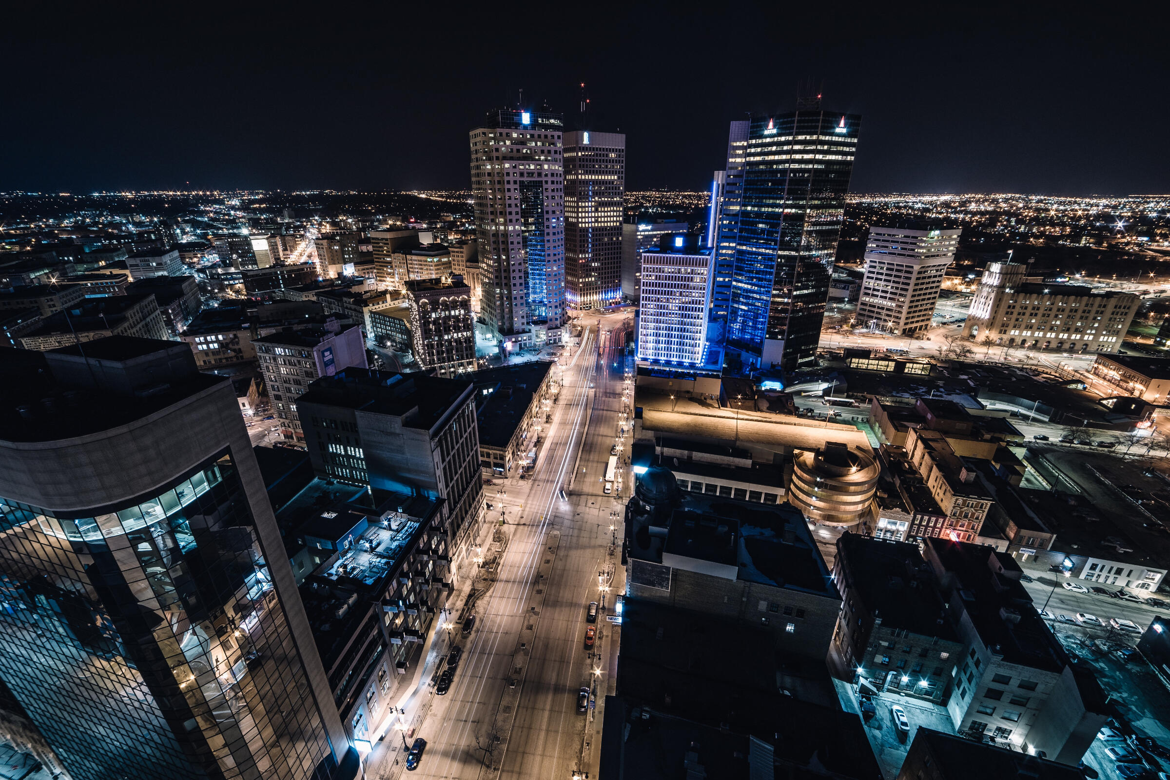 An aerial view of Portage Avenue looking east to Portage and Main from the top of Smith Street